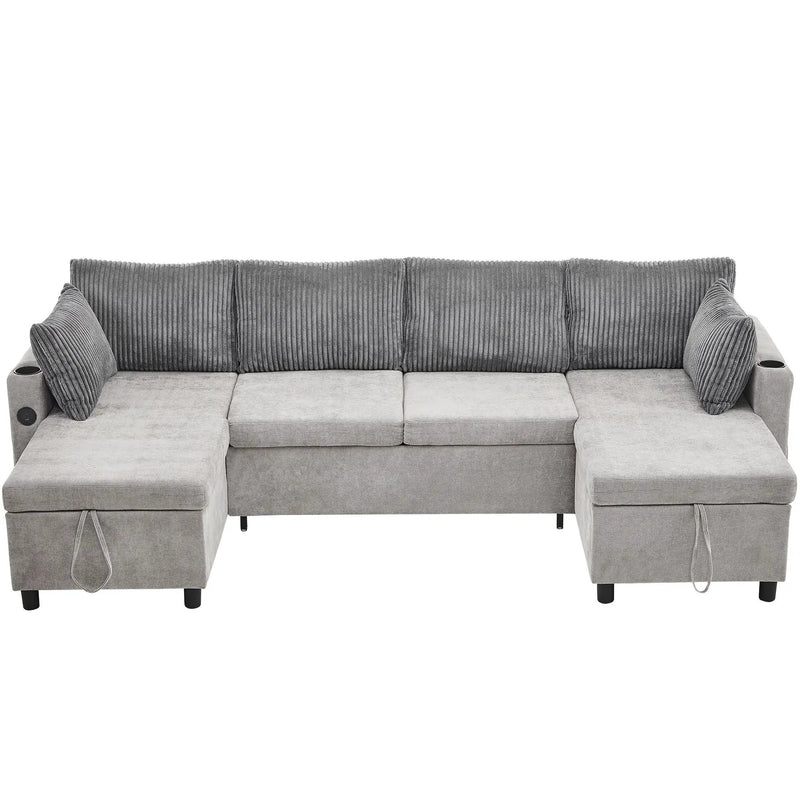 Sectional Sofa Bed With Pull Out Sleeper, USB Ports, Cup Holders by HouseOfZazla