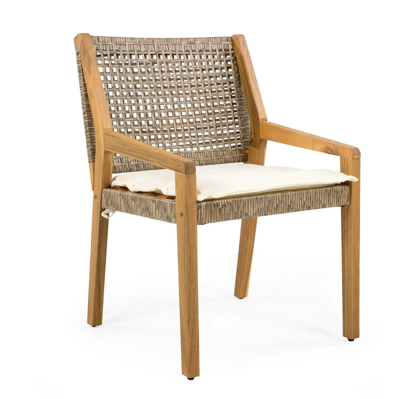 Outdoor Dining Chair Set of 4 - Acacia Wood and Wicker with Cream Cushion by HouseOfZazla