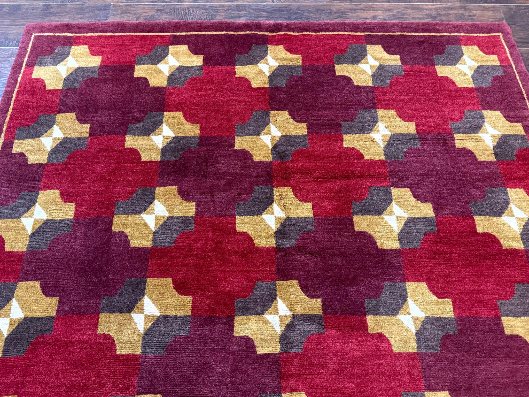 Modern Tibetan Rug 5 x 6.8, Wool, Red, Allover Pattern, Nepali Rug, Abstract Rug, Handmade Area Rug by Jewel Rugs