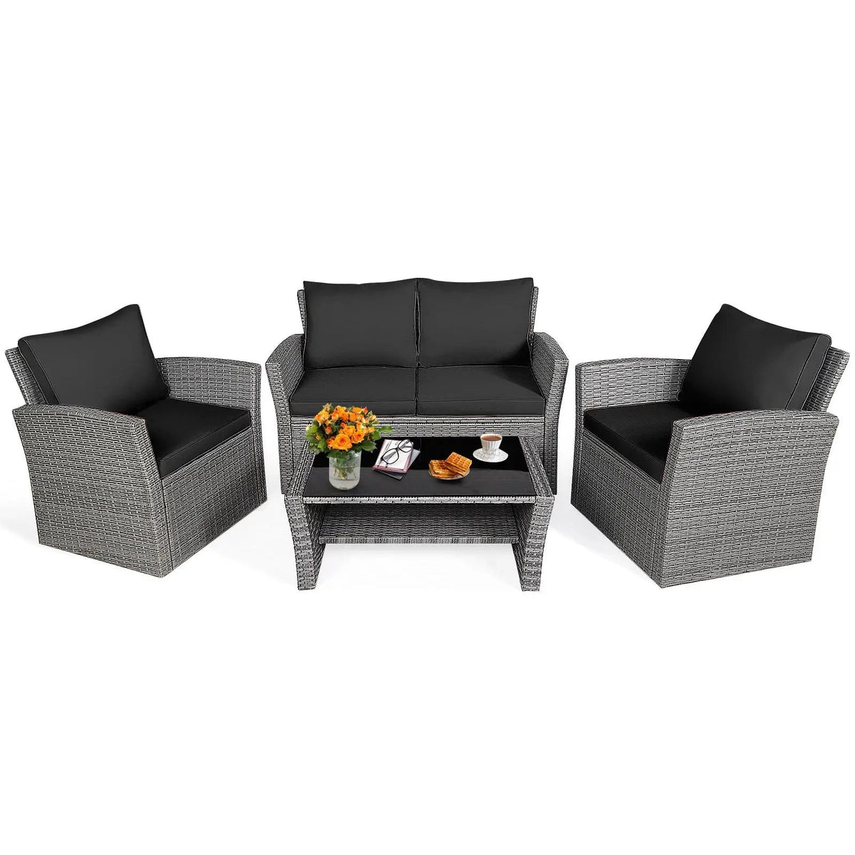 4 Pieces Patio Rattan Furniture Set Sofa Table with Storage Shelf Cushion by DirectDeals