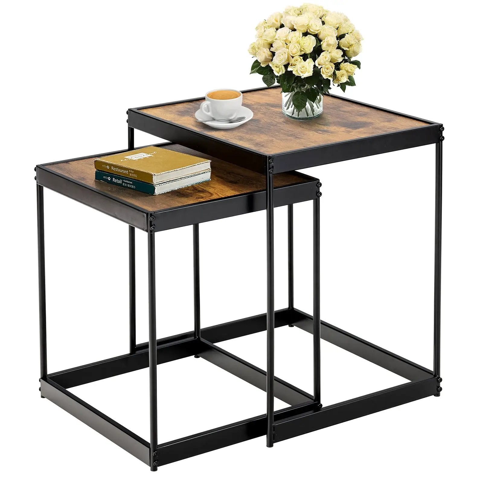 Set of 2 Modern Nesting End Tables with Metal Legs for Living Room-Rustic Brown by DirectDeals