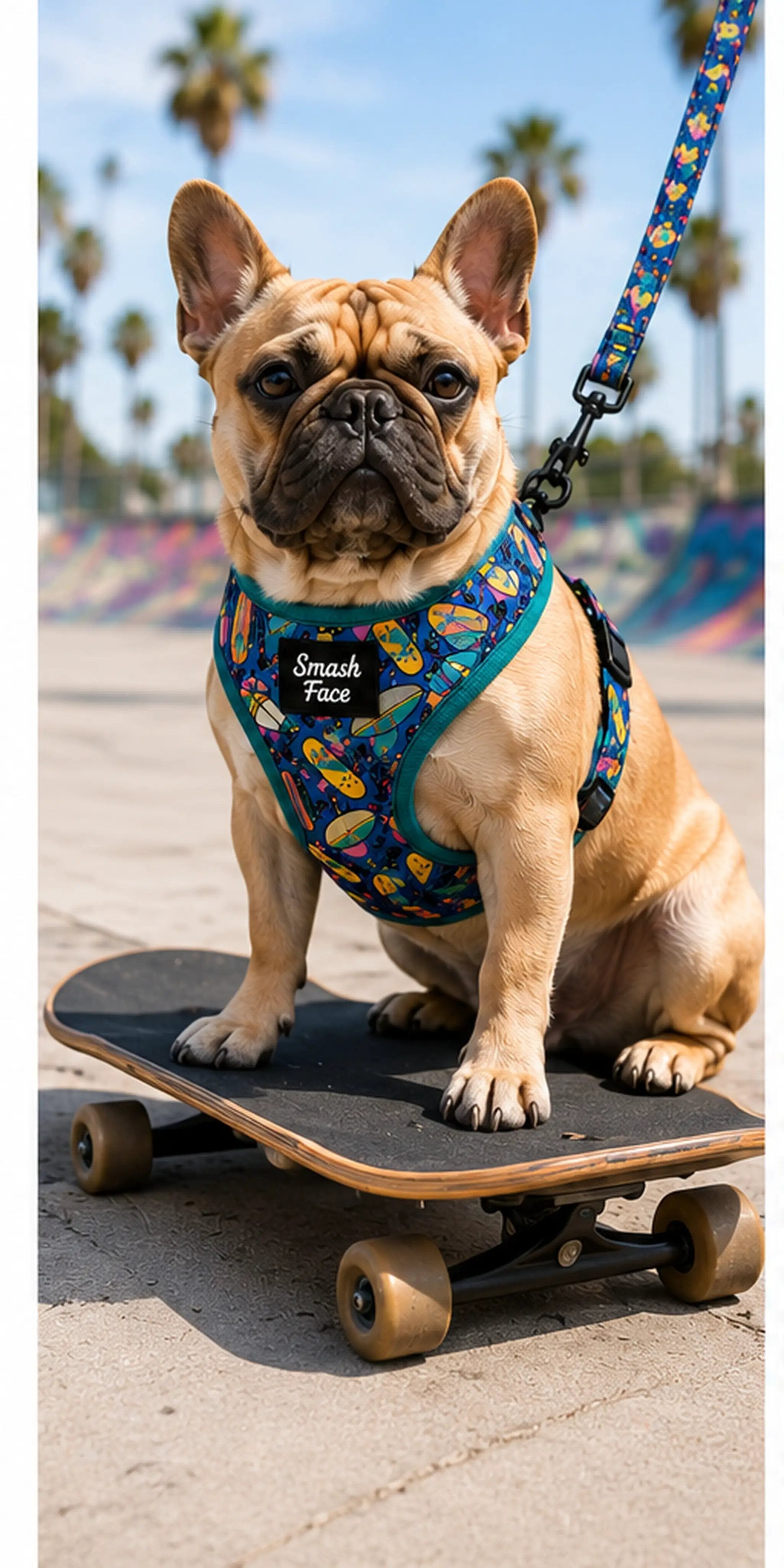 Totally Radical Reversible Dog Harness, Collar & Leash Set | Retro Gamer & Surf Skate Print | French Bulldog Harness by HouseOfZazla