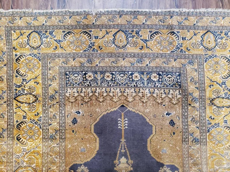 Rare Turkish Ghiordes Prayer Rug 4 x 5.8 ft, Late 19th Century Turkish Oriental Carpet, Mehrab Antique Prayer Rug, Museum Quality, Blue, Tan by Jewel Rugs