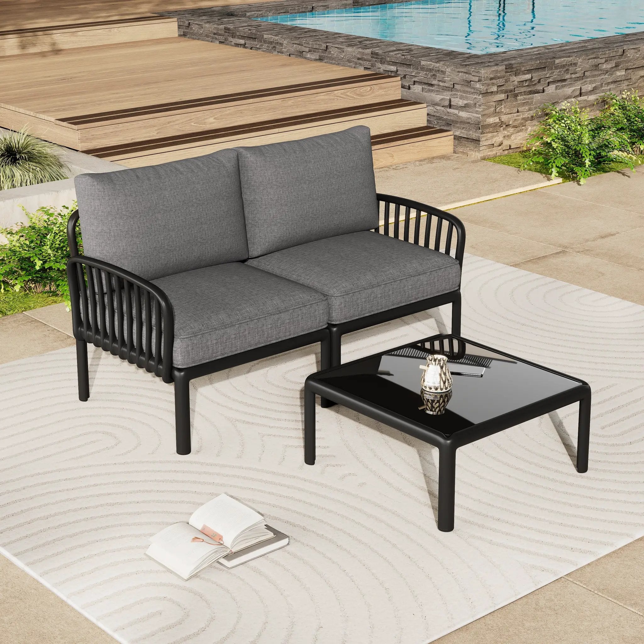 3 Piece Patio Conversation Sets, Modern Outdoor Patio Sectional Furniture Set with Square Coffee Table by HouseOfZazla