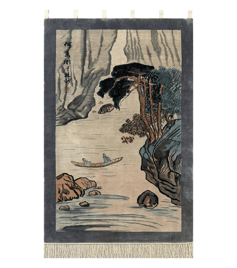 Chinese Silk Wall Hanging 3x5, Handmade, River and Boat Scene, Rug Tapestry by Jewel Rugs