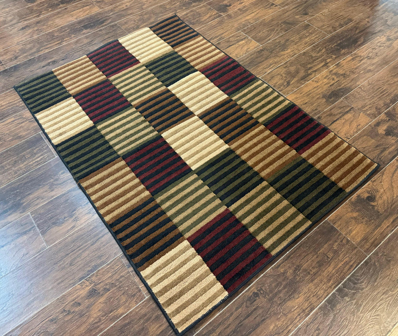 Vintage Power Loomed Rug 3.6 x 5, Brown Beige Black Tan, Box Design by Jewel Rugs