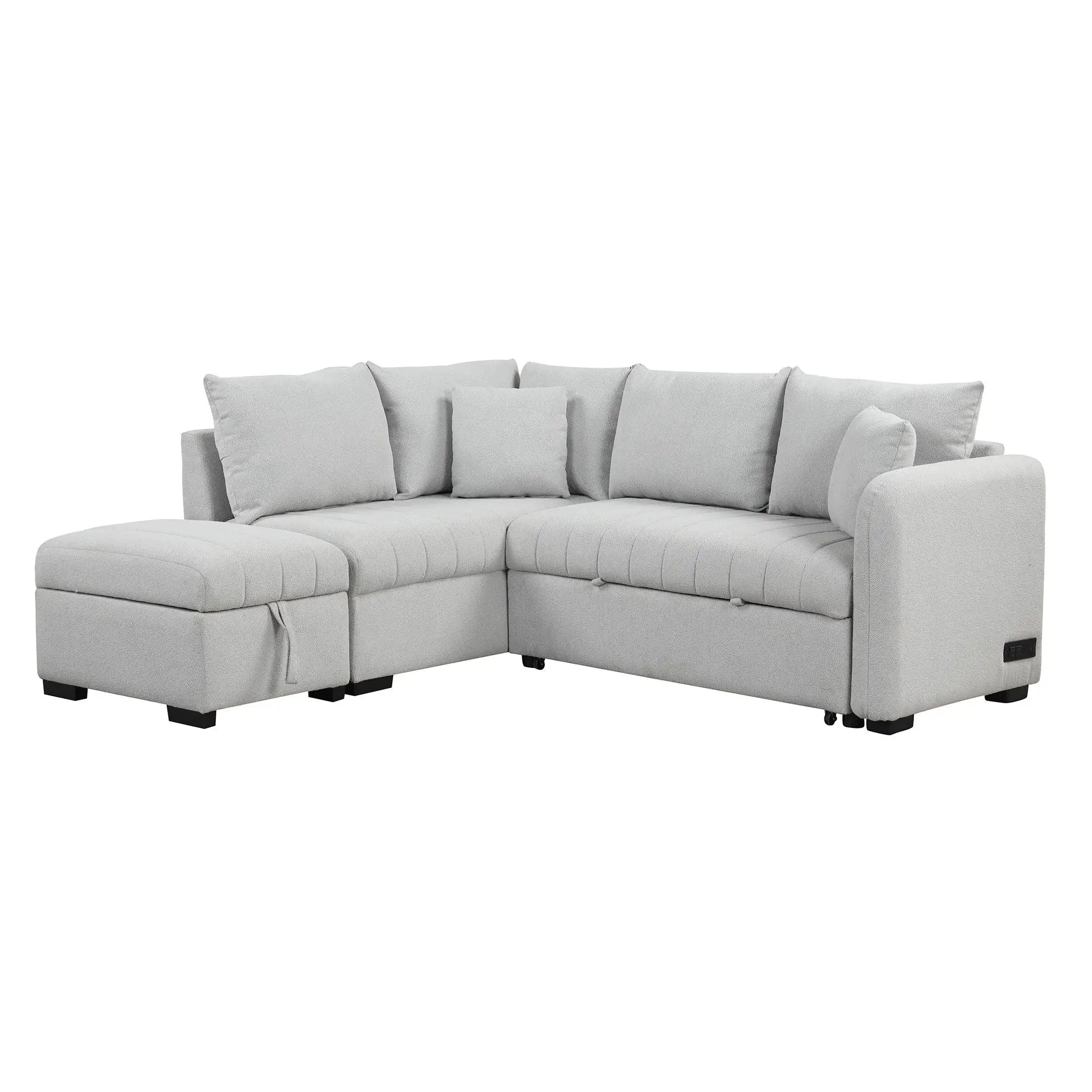 L-Shaped Sectional Pull Out Sofa Bed Sleeper Sofa With Two USB Ports, Two Power Sockets And A Movable Storage Ottoman by HouseOfZazla