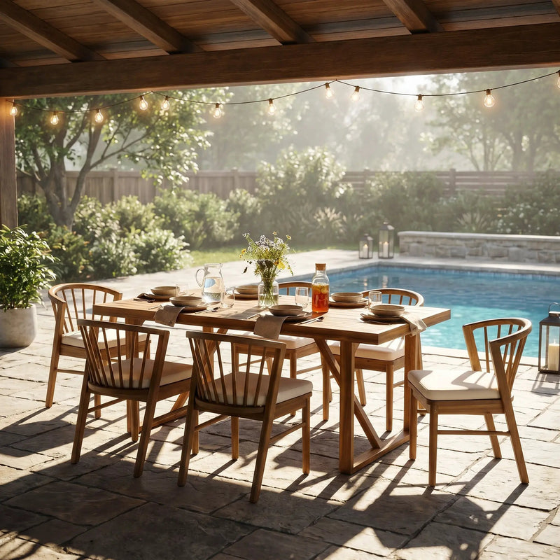 7 Pieces Acacia Wood Outdoor Dining Set with Cream Cushions by HouseOfZazla