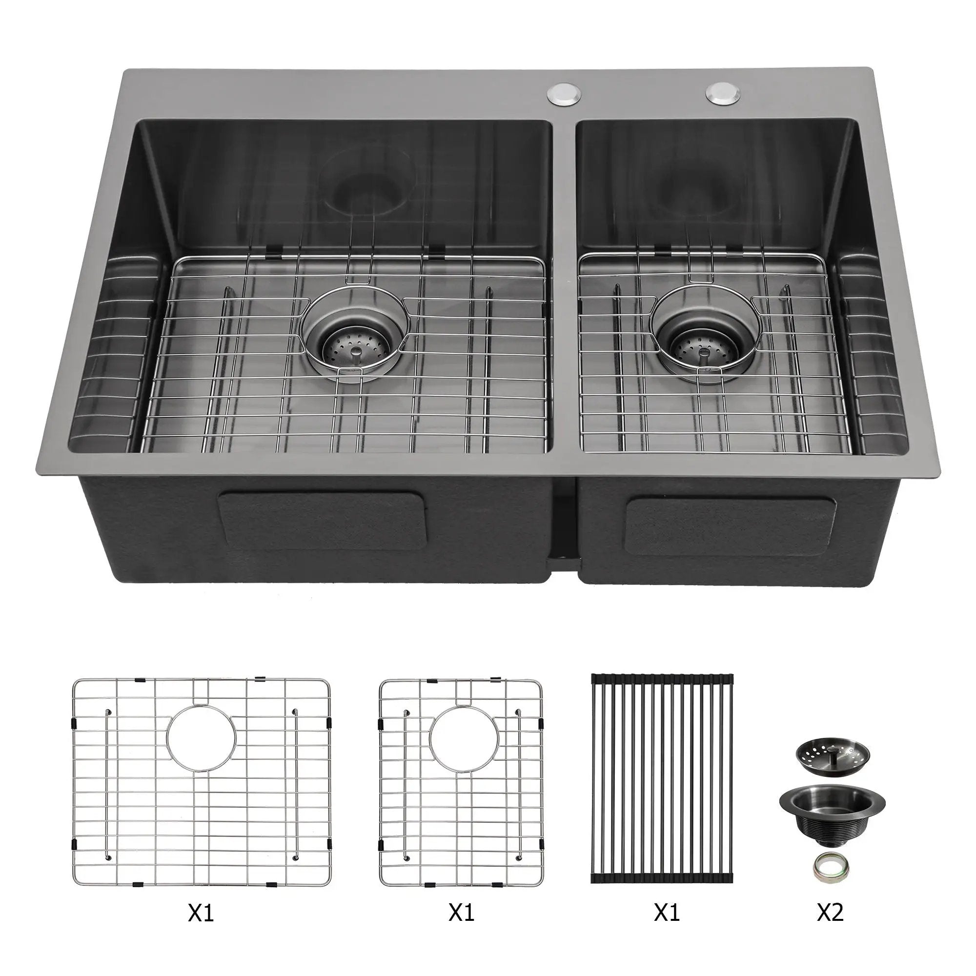 Double Bowl Kitchen Sink 16 Gauge 33" X 22" With 2 10" Deep Basins - Gunmetal Black by HouseOfZazla