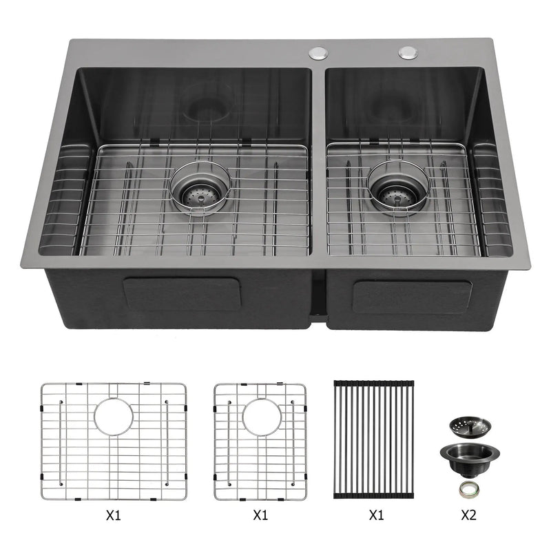 Double Bowl Kitchen Sink 16 Gauge 33" X 22" With 2 10" Deep Basins - Gunmetal Black by HouseOfZazla