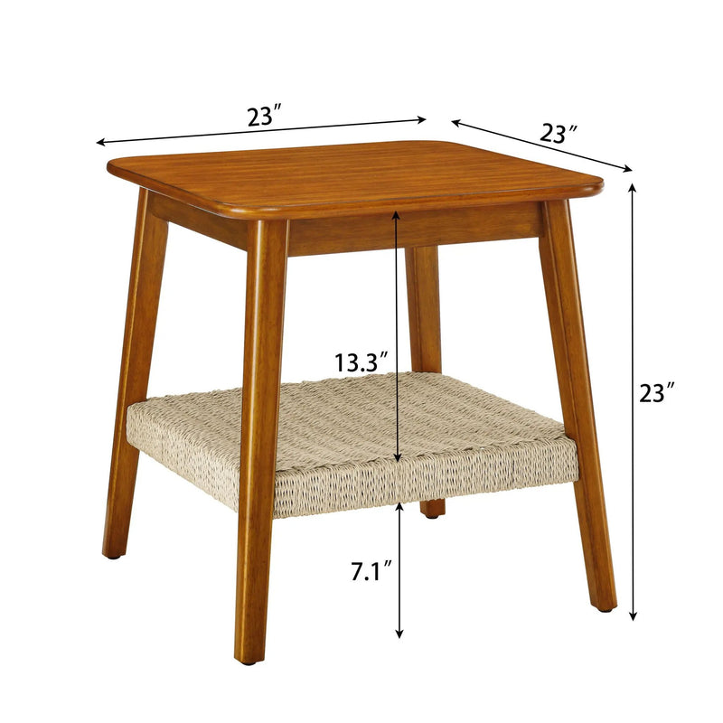 Mid - Century Square Side Table With Woven Shelf - Walnut by HouseOfZazla