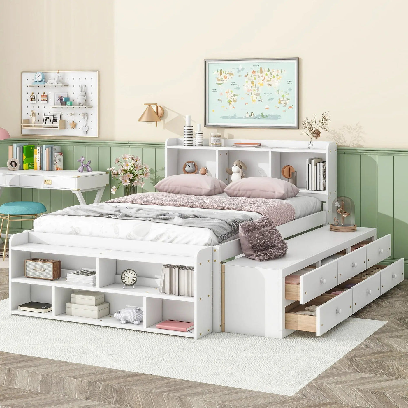 Bed With Bookcase Headboard, Under Bed Storage Drawers And Bed End Storage Case by Unique Piece Furniture
