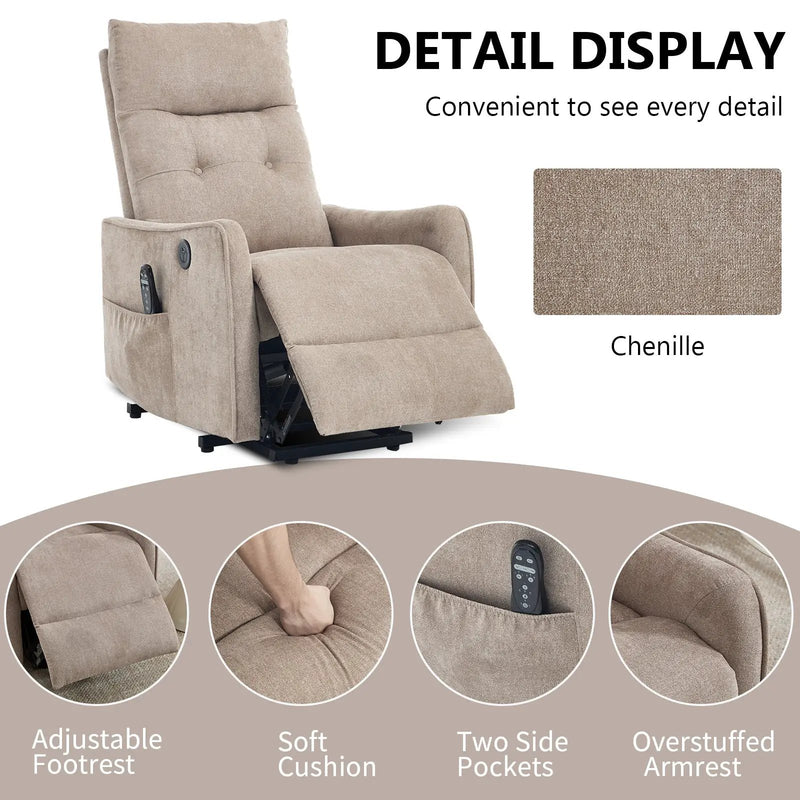 Khaki Chenille Power Lift Recliner Chair with Massage and Heat by HouseOfZazla