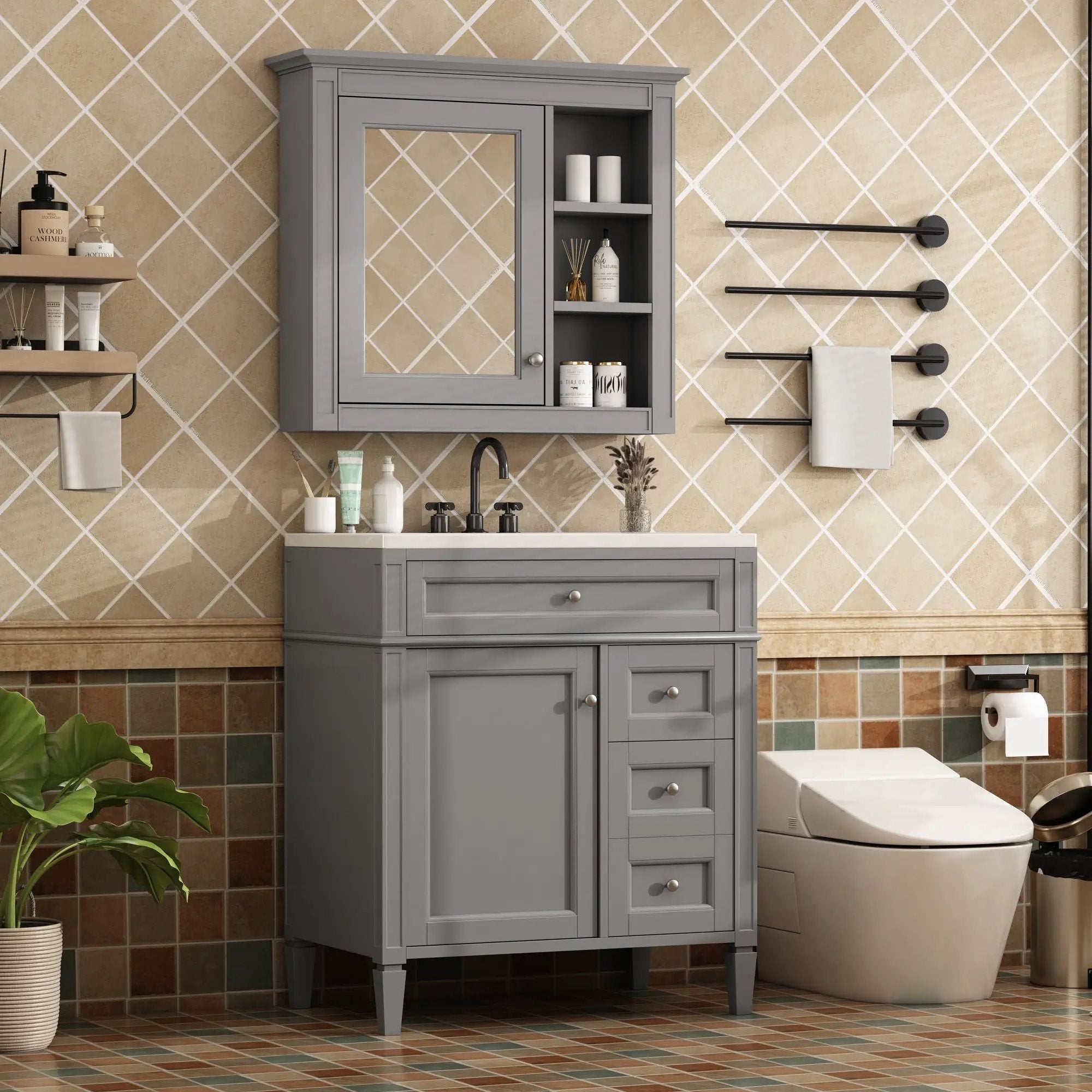 Bathroom Vanity With Top Sink, Freestanding Storage Cabinet With 2 Doors And 3 Drawers, Mirror Cabinet Included - Gray by Unique Piece Furniture