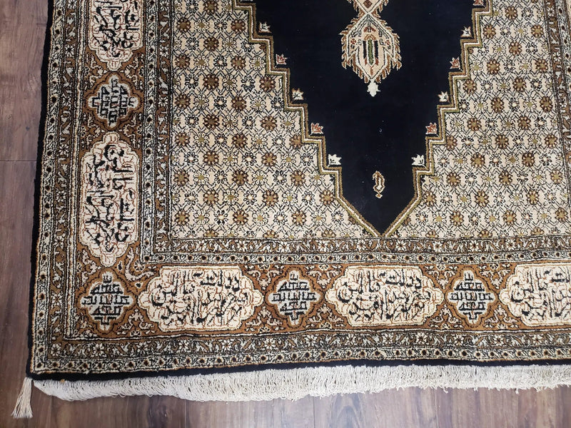 Persian Silk Qum Rug, Silk on Silk, Black Golden Brown and Beige, Hand-Knotted, 3'6" x 5' 5" by Jewel Rugs