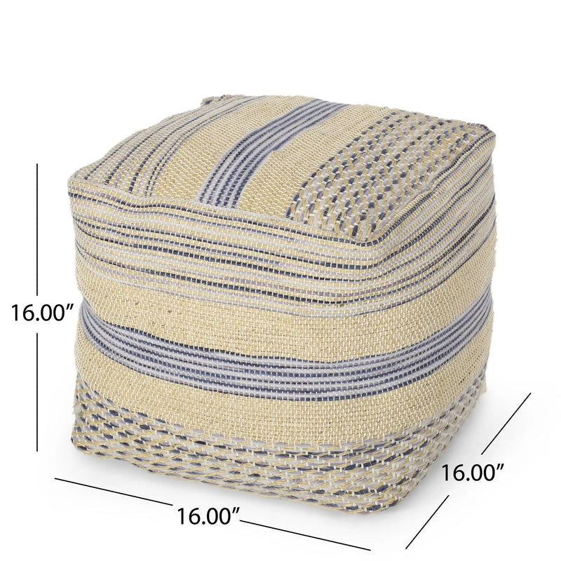 Western - Handcrafted Fabric Pouf, Durable - Natural / Blue by Unique Piece Furniture