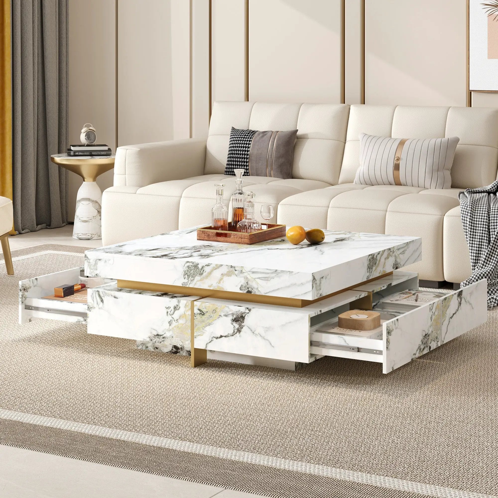Modern Square Marble Textured Coffee Table with 4 Drawers by HouseOfZazla
