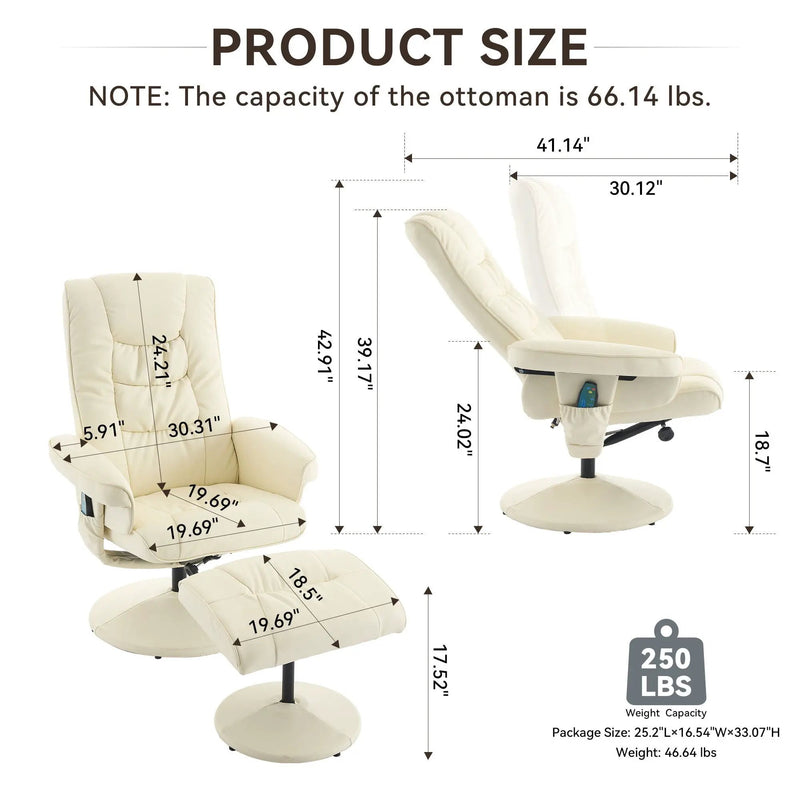 Recliner Chair With Ottoman, 360° Swivel Massage Lounge Chair With 5-Point Vibration & Heated Seat by Unique Piece Furniture