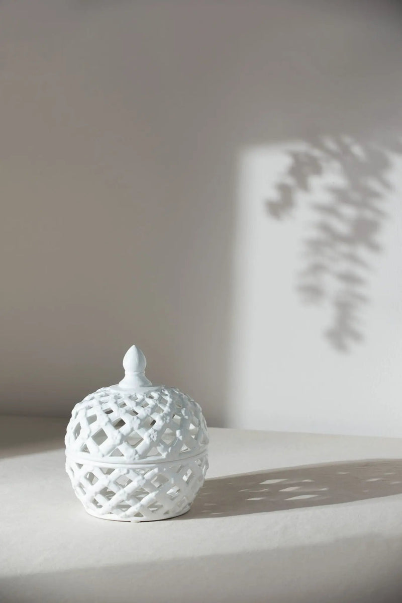Ceramic Lidded Jar With Lattice Design - White by HouseOfZazla