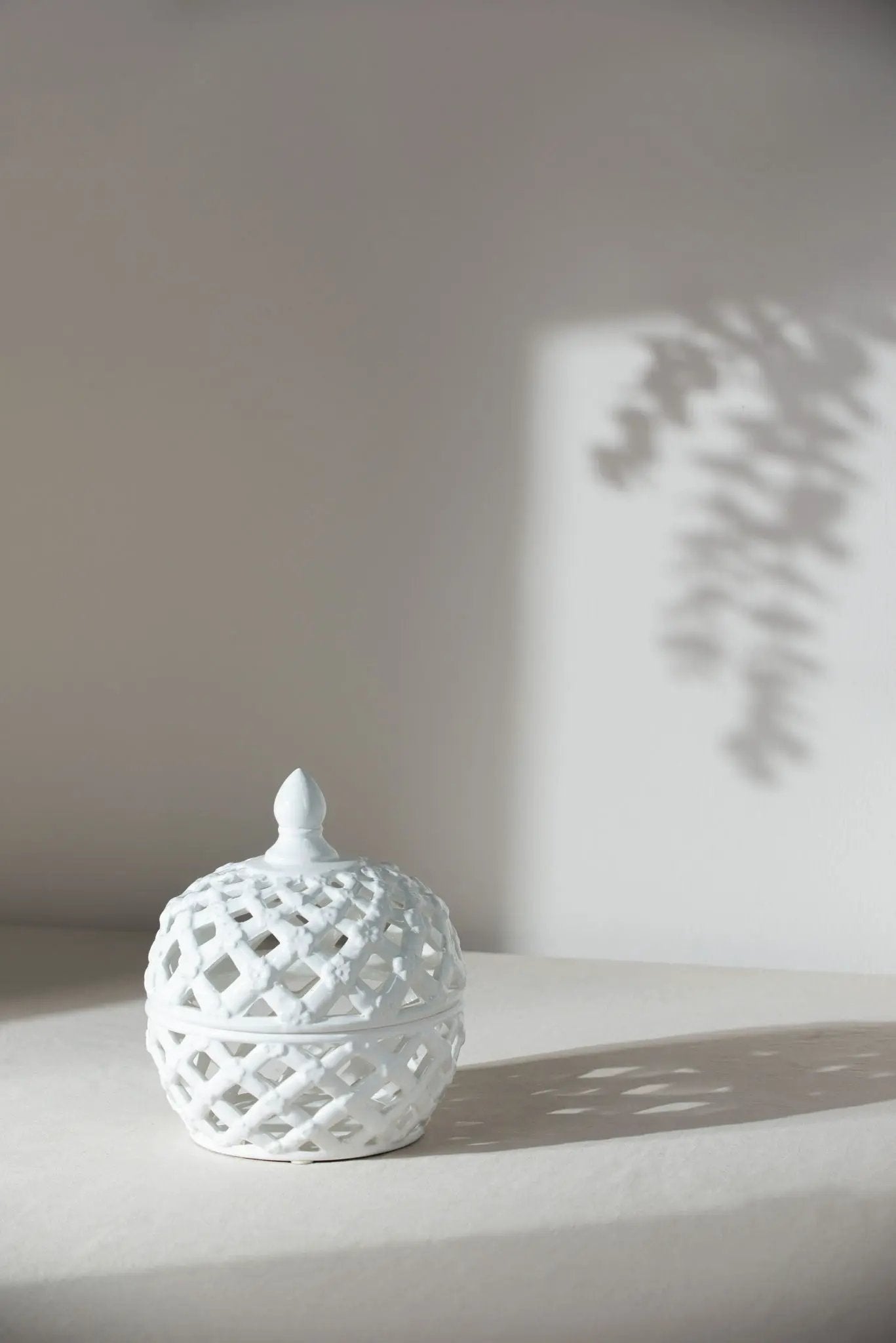Ceramic Lidded Jar With Lattice Design - White by Unique Piece Furniture
