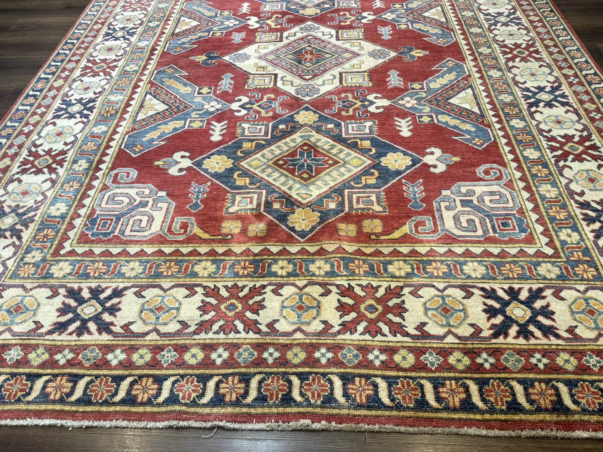 Turkish Kazak Rug 7.6 x 9.5, Geometric Medallions, Caucasian Pattern by Jewel Rugs