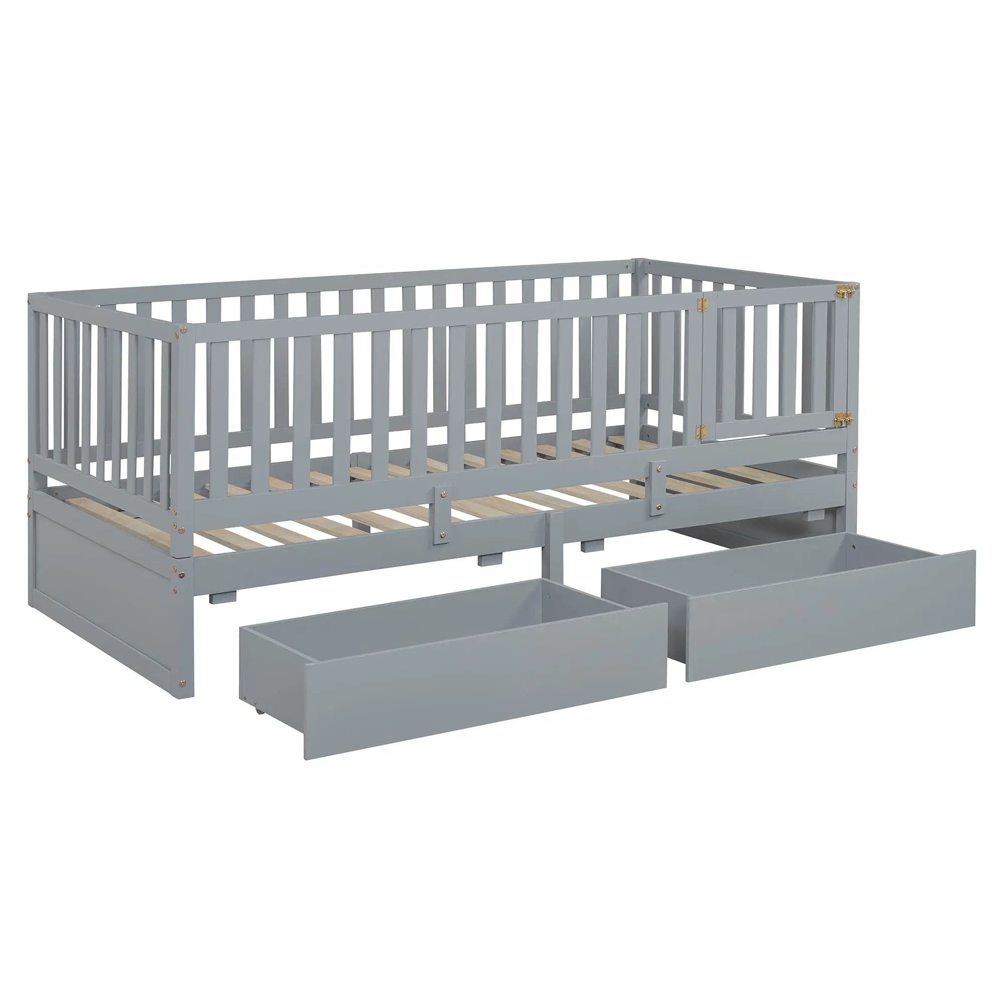 Daybed With Fence Guardrails And 2 Drawers, Split Into Independent Floor Bed & Daybed by HouseOfZazla
