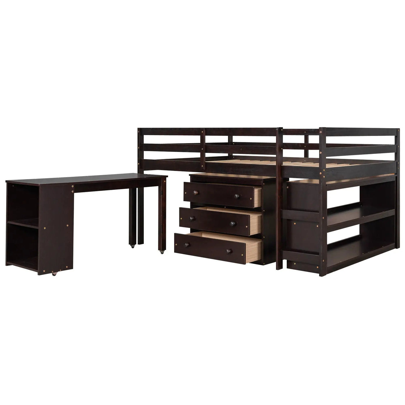 Loft Low Study Bed With Cabinet, Shelves And Rolling Portable Desk, Multiple Functions by Unique Piece Furniture