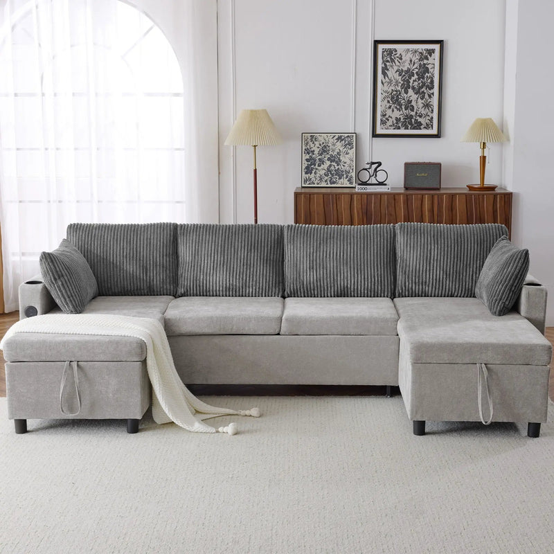 Sectional Sofa Bed With Pull Out Sleeper, USB Ports, Cup Holders by HouseOfZazla