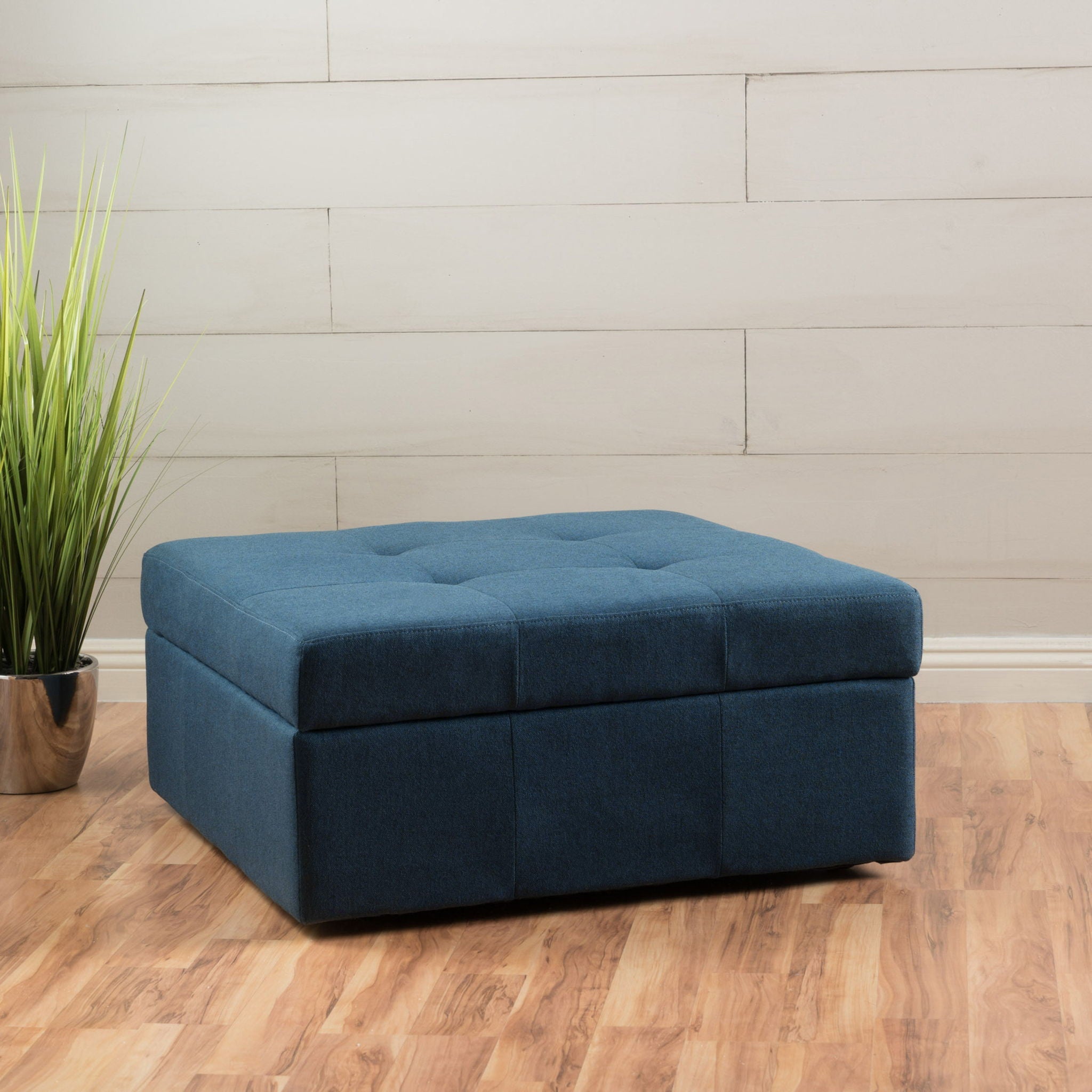 Flip Top Ottoman With Tufted Waffle Stitch And Rolling Casters - Navy Blue by HouseOfZazla