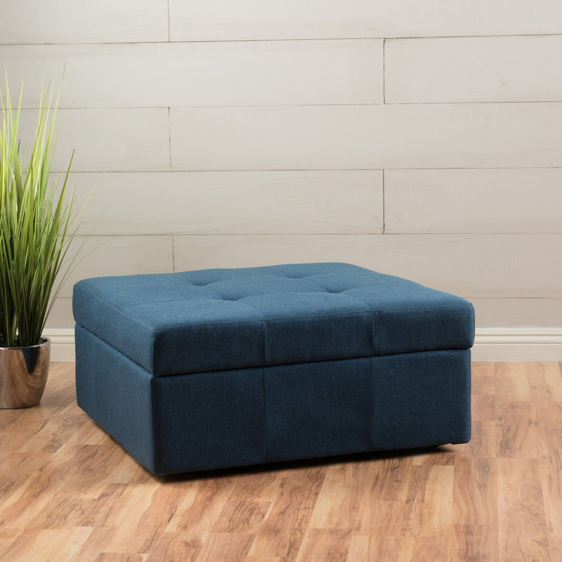Flip Top Ottoman With Tufted Waffle Stitch And Rolling Casters - Navy Blue by HouseOfZazla