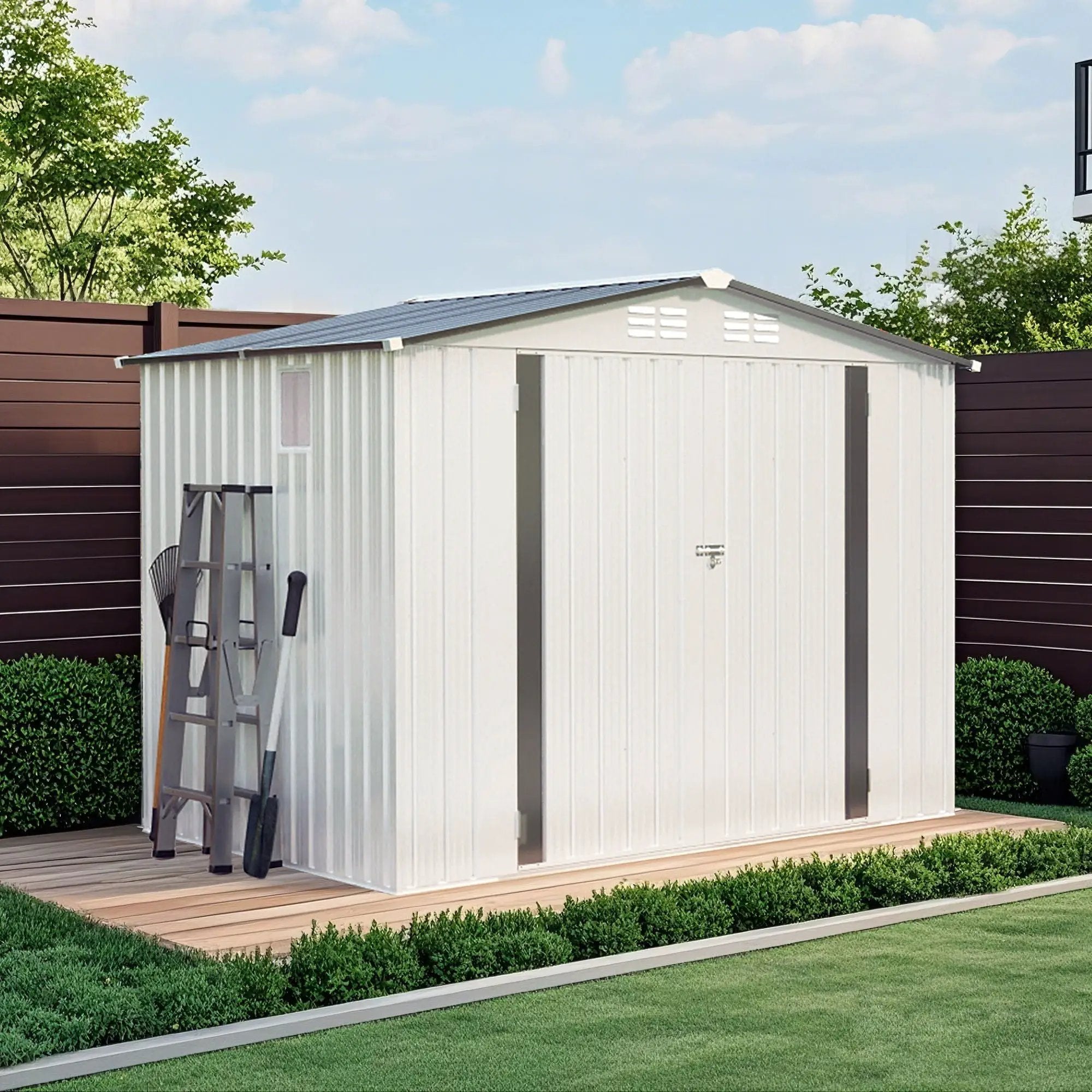Outdoor Garden Storage Shed, Tool Shed With Pitched Roof Waterproof With 1 Window And 2 Lockable Door - White / Gray by HouseOfZazla