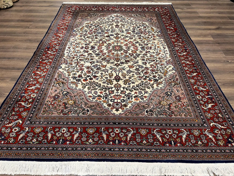 Beautiful Sino Persian Rug 7x10, Circle of Life Tree of Life Rug, Birds, Cream Red Navy Blue Taupe, Wool Silk Accents, Hand Knotted Vintage by Jewel Rugs