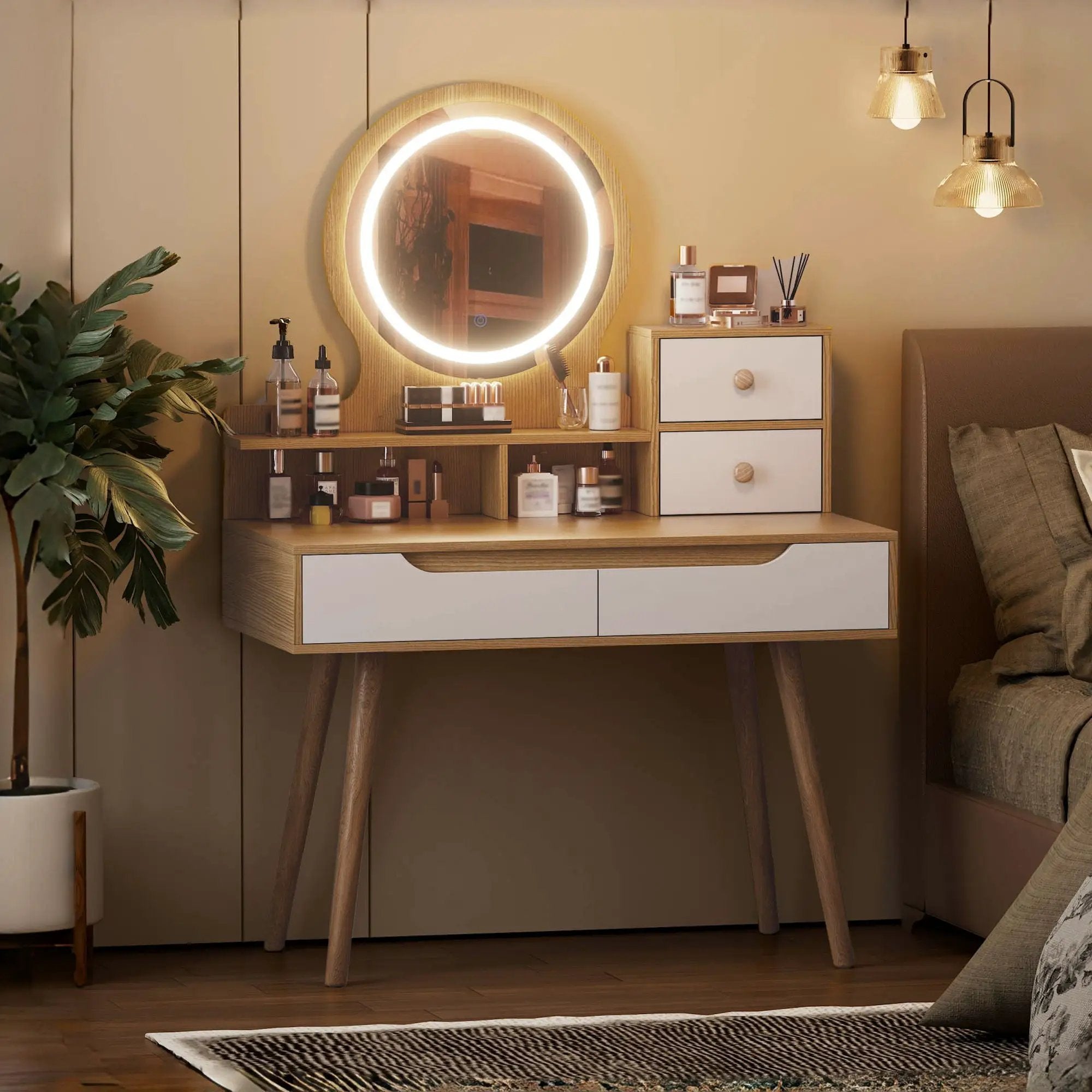 Elegant Makeup Vanity Desk With Adjustable Lighted Mirror Table Feet - American White Oak by HouseOfZazla
