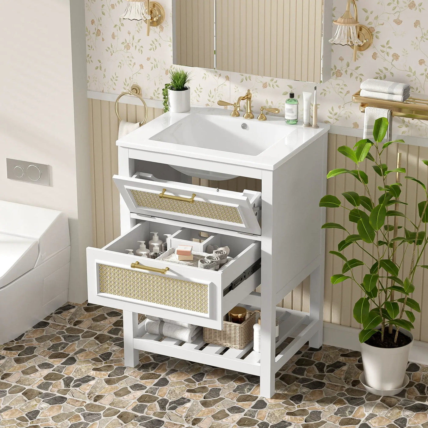 Modern Bathroom Vanity With Integrated Sink, Cabinet With 1 Deep Drawer And 1 Tip-Out Drawer by HouseOfZazla