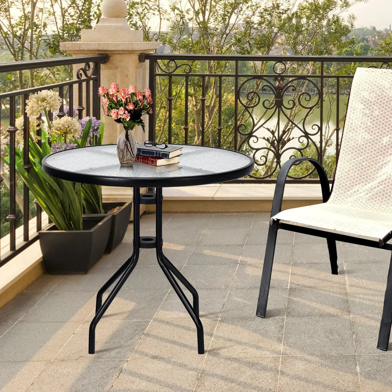 32 Inch Outdoor Patio Round Tempered Glass Top Table with Umbrella Hole by DirectDeals