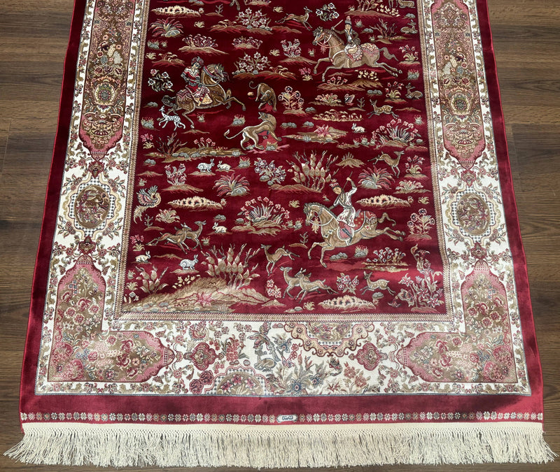 Turkish Silk Hunting Design Rug 4x6, Dark Red & Ivory, Bamboo Silk, New by Jewel Rugs