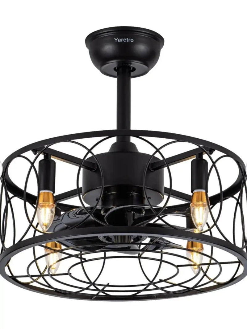 Open Box New Yaretro Caged Ceiling Fan with Lights Industrial Enclosed Blades by Selzalot