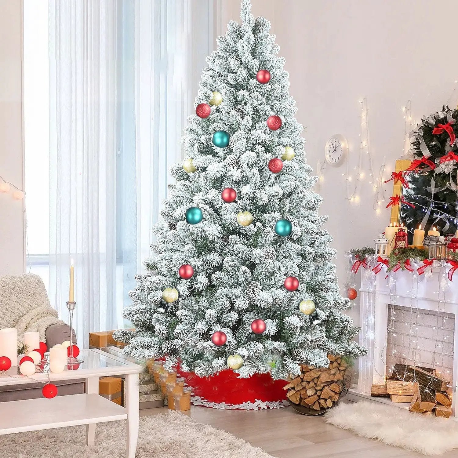 4FT Flocked Christmas Tree with Pine Cones and Snowy PVC Design by HouseOfZazla