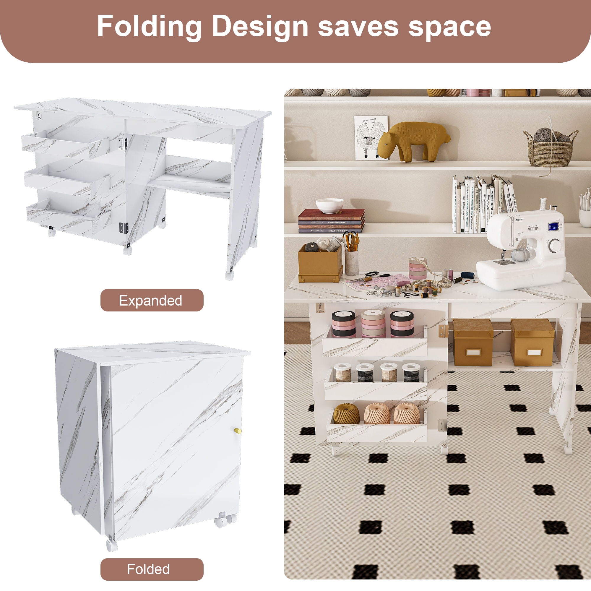 4 In 1 Folding Sewing Table With Lockable Wheels, Multi Functional Craft Station - White