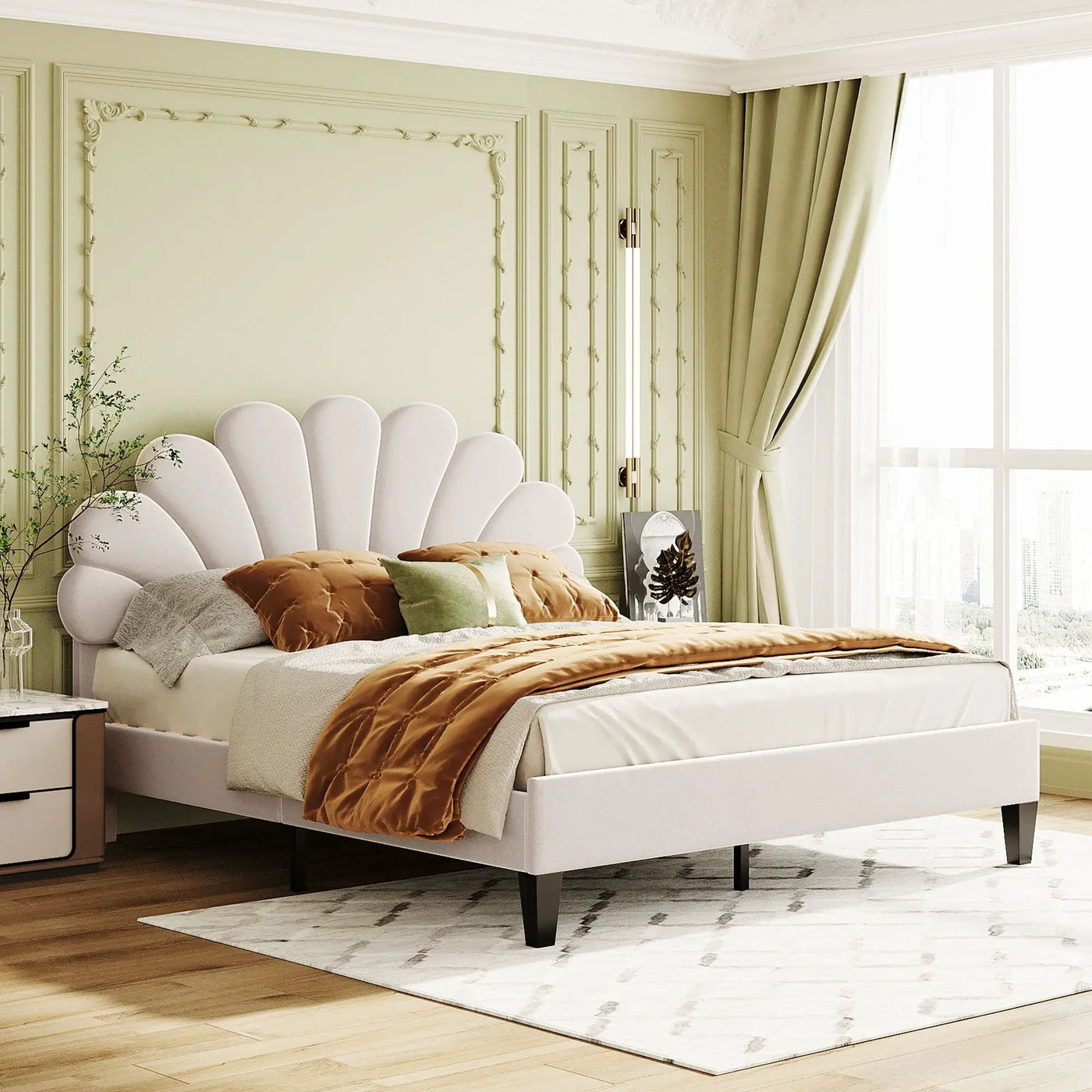 Upholstered Platform Bed With Flower Pattern Headboard by Unique Piece Furniture