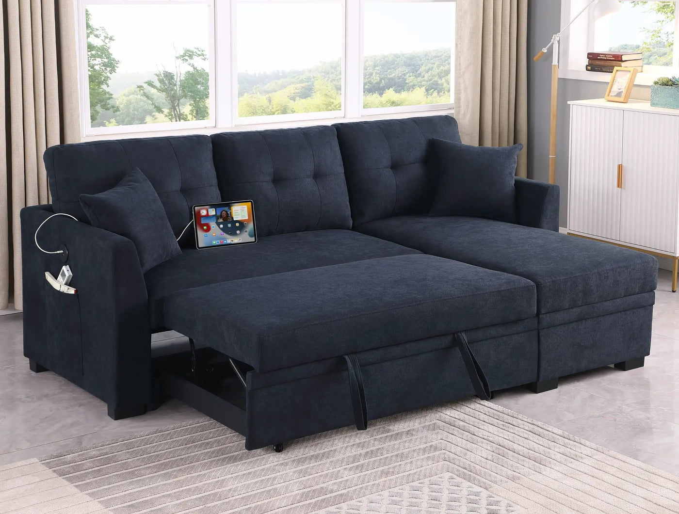 Sectional Sofa Bed L Shaped Sofa Couch Bed With USB Port, Reversible Chaise With Storage by HouseOfZazla