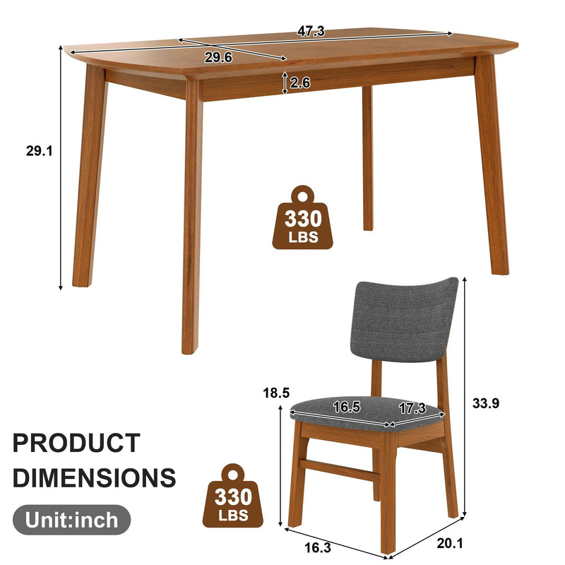 Mid Century Modern Dining Table Set For 4, Solid Wood Dining Table And Solid Wood Chairs, 5 Pieces Farmhouse Dining Table And 4 Upholstered Chairs - Brown / Gray by HouseOfZazla