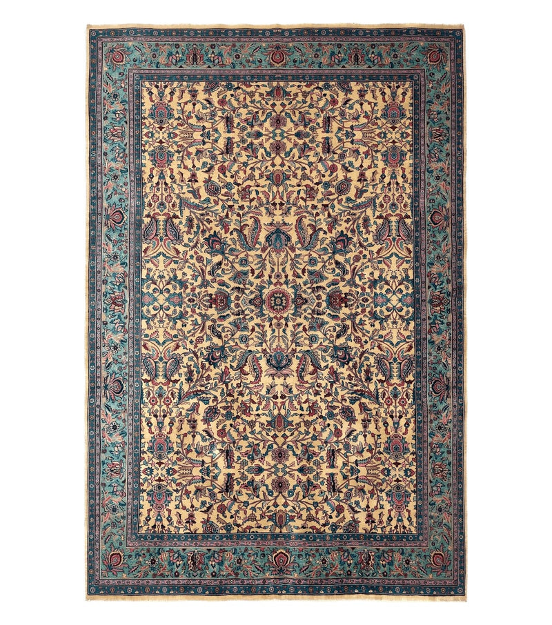 Antique Persian Rug 10x15, Camel and Cyan, Allover Pattern, Rare, Samarkand Rug by Jewel Rugs