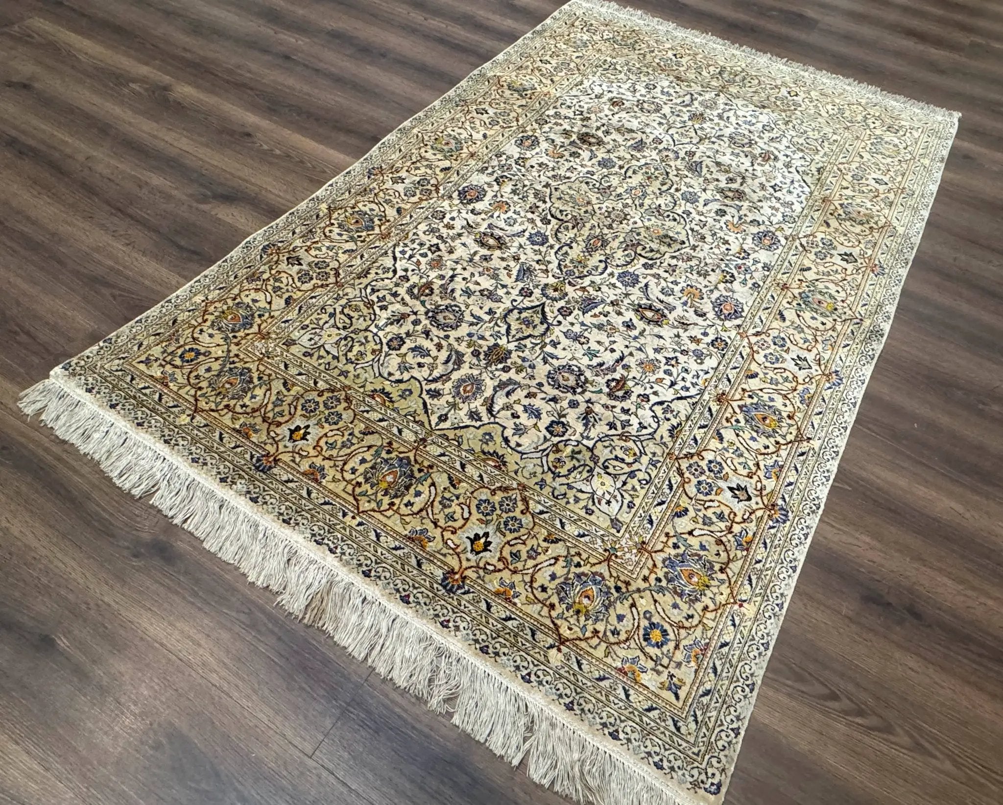 Rare Silk Persian Kashan Rug 4.6 x 7, Antique Fine 310 KPSI, Ivory by Jewel Rugs