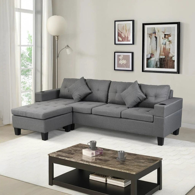 Modern Sectional Sofa Set With L Shape Chaise Lounge, Cup Holder, 4 Seat - Gray by Unique Piece Furniture