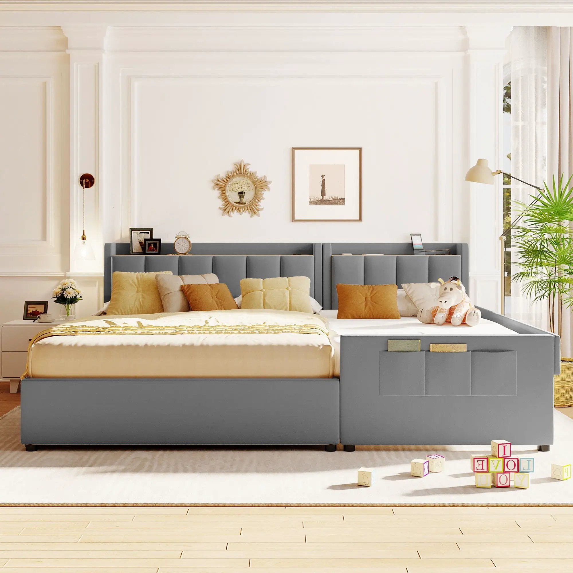 Upholstered Mother & Child Bed With Hydraulic Storage System, Drawer Box, Bedhead Storage Shelf And 2 Pairs Of Sockets & USB Ports by HouseOfZazla