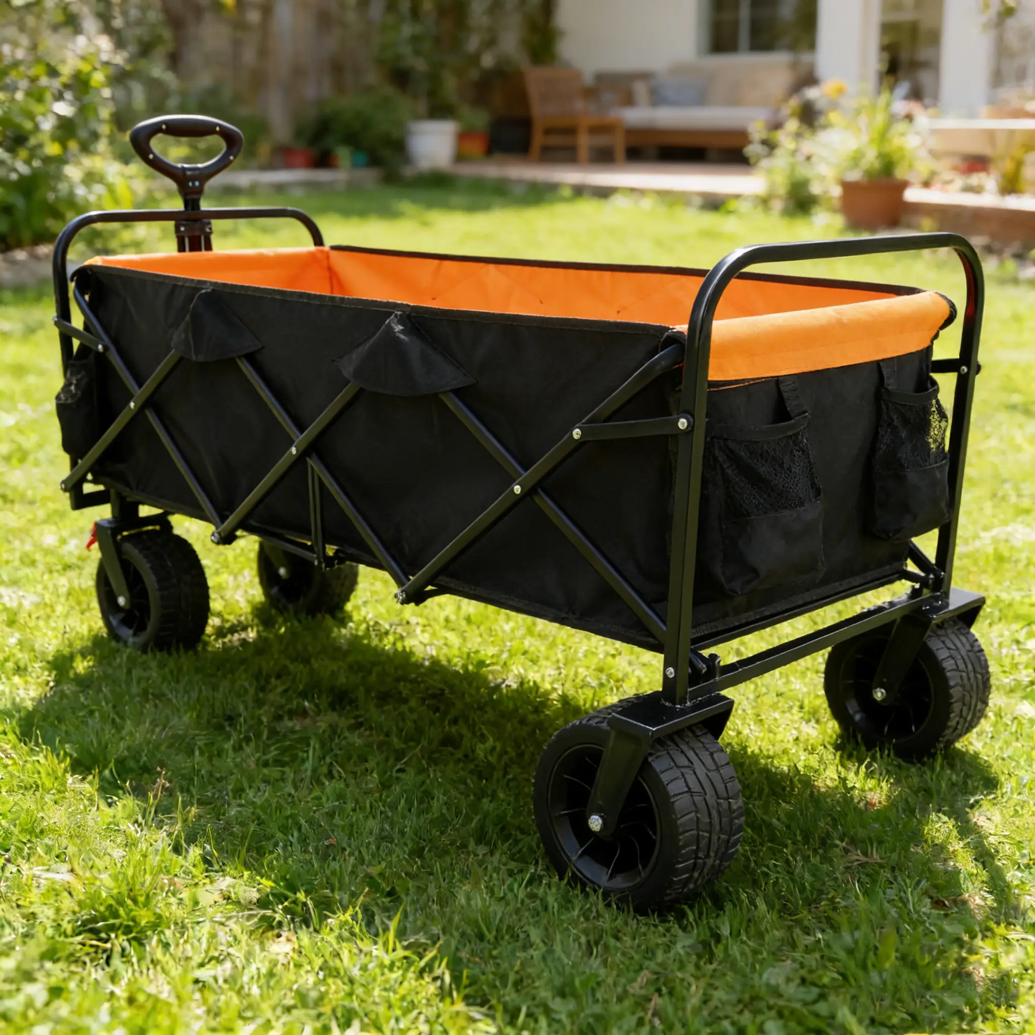 Big Large Capacity Folding Wagon Cart with Extender (Black + Orange) by HouseOfZazla