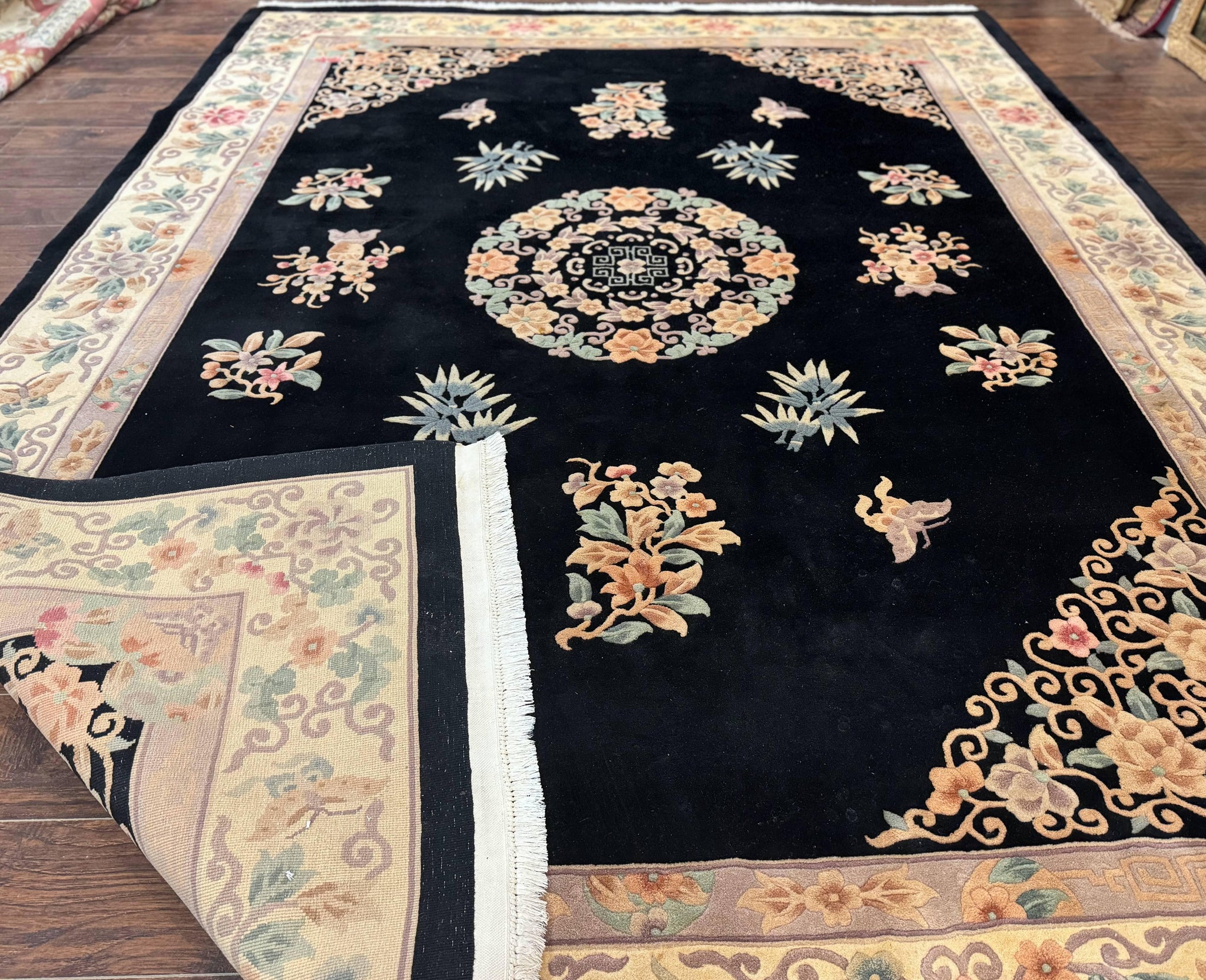 Chinese Wool Rug 9x12, Chinese Carving Carpet, Floral Medallion, Black and Beige, Butterflies, Vintage Asian Oriental Rug, 90 Line Rug by Jewel Rugs