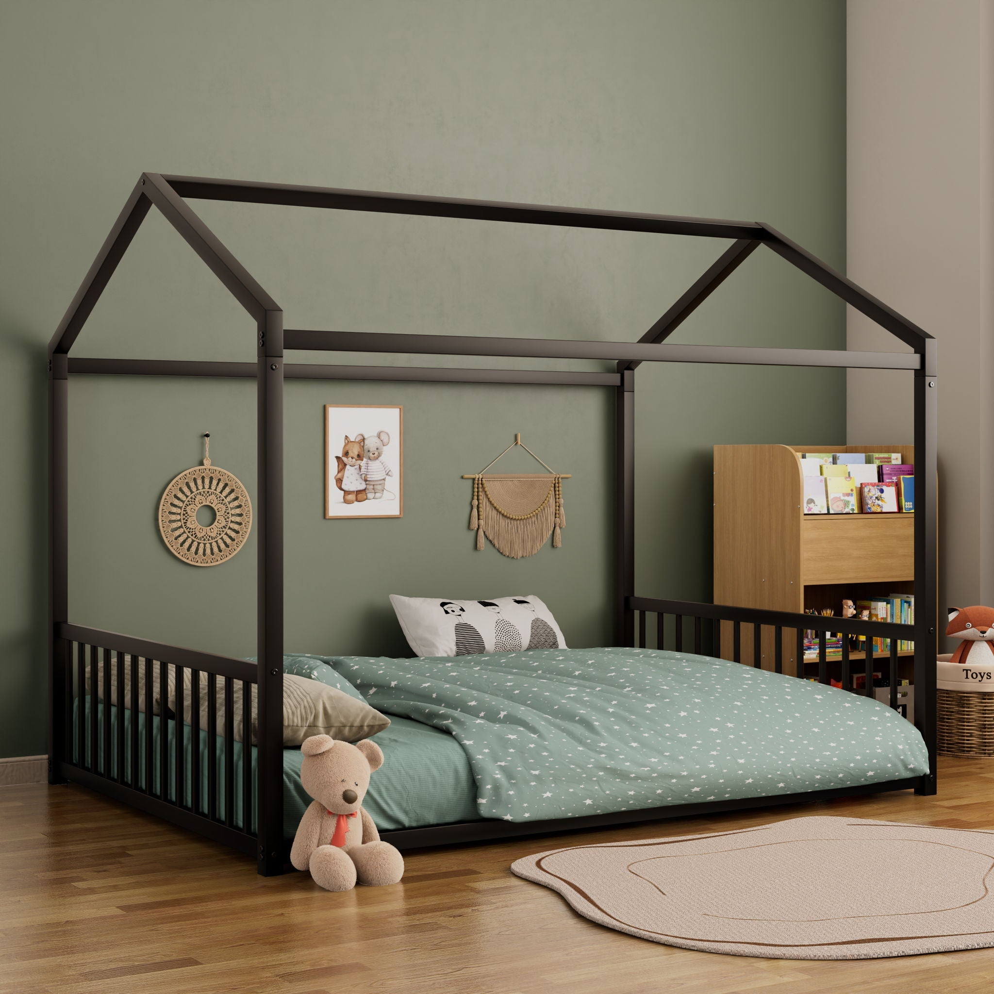 Montessori Style Floor House Shaped Bed With Safety Guardrails by HouseOfZazla