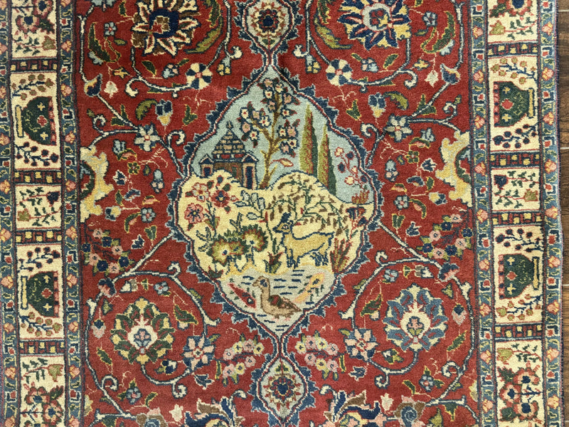 Small Persian Tabriz Rug 2.8 x 4.7, Red, Animal Pictorials, Semi Antique Vintage by Jewel Rugs